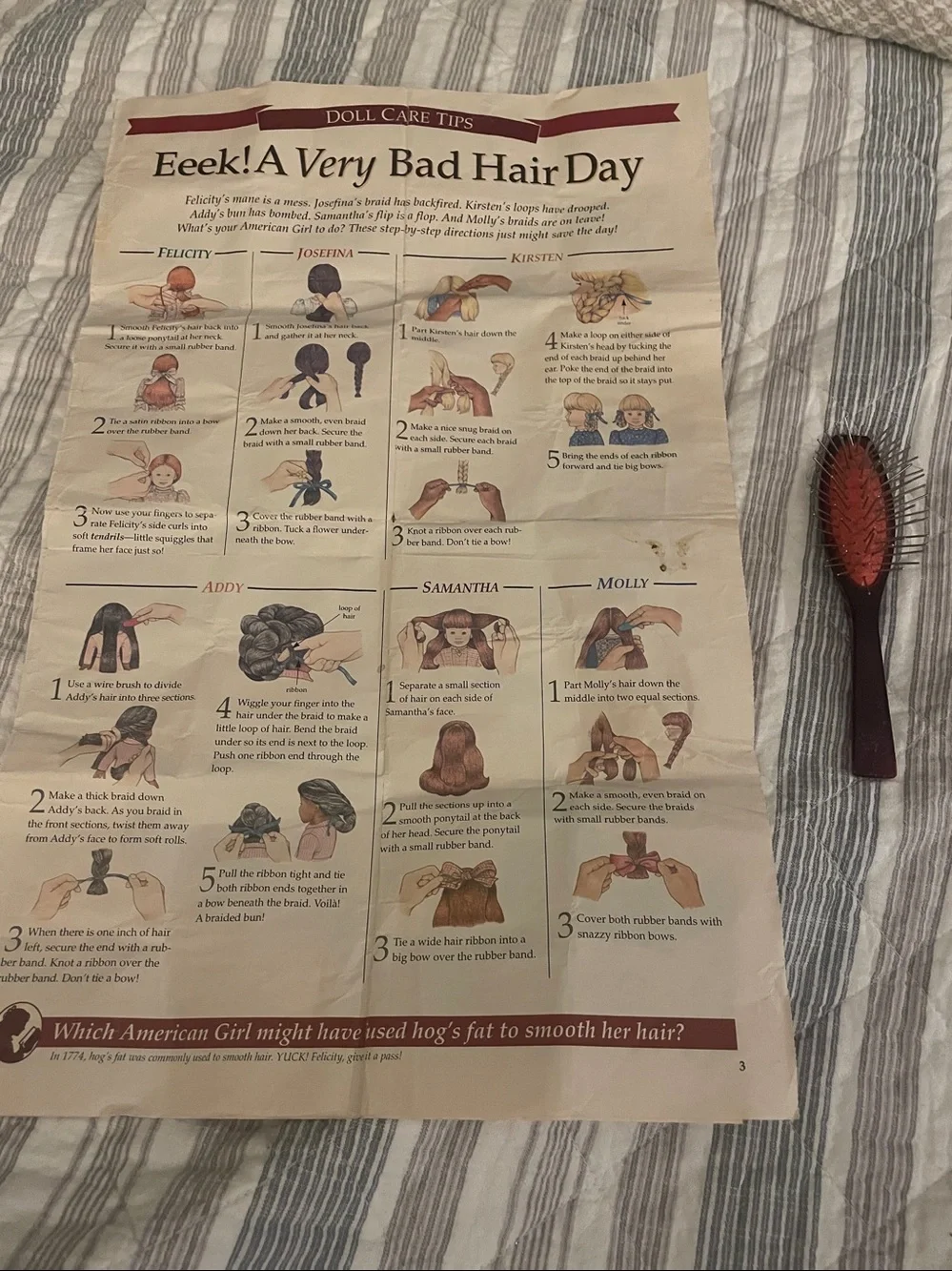 American Girl Doll Retired Pleasant Company Hair Brush with hair tips